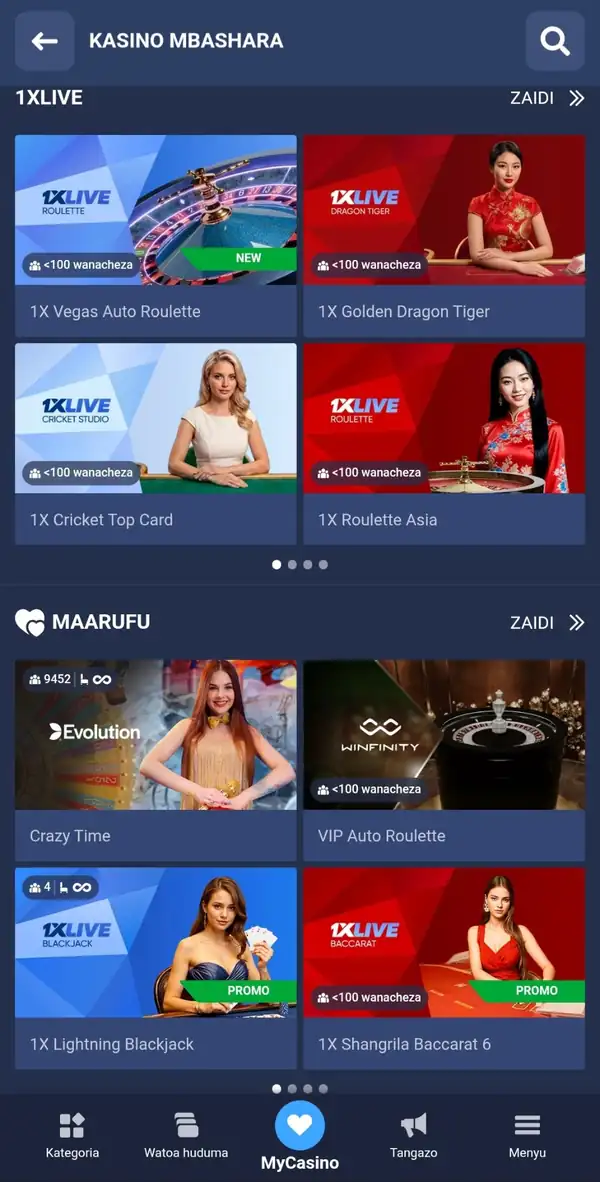 Ukurasa wa kasino ya moja kwa moja kwenye app ya 1xBet Tanzania, ukionyesha roulette, blackjack na baccarat