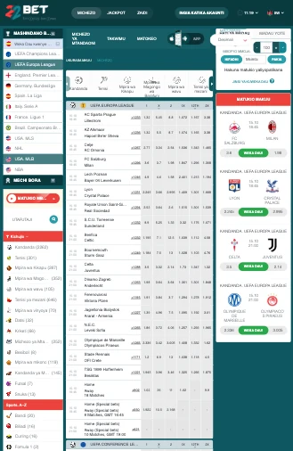 Ukurasa wa kubeti michezo kwenye tovuti ya 22Bet Tanzania, ukionyesha mechi za UEFA Europa League na odds
