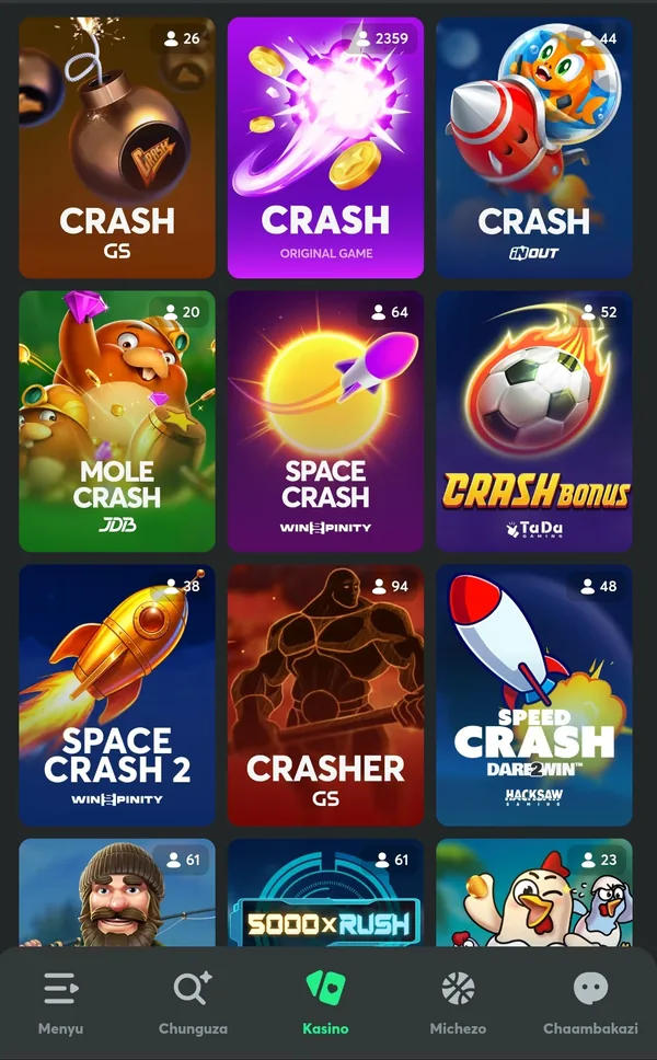 Sehemu ya Kasino kwenye tovuti ya BC.Game kwenye simu, ikionyesha michezo ya crash kama Crash Original Game, Mole Crash na Space Crash