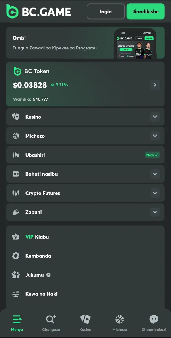 Menyu kuu ya tovuti ya BC.Game kwenye simu, ikionyesha Kasino, Michezo, Ubashiri, Bahati nasibu, Crypto Futures, Zabuni na VIP Klabu
