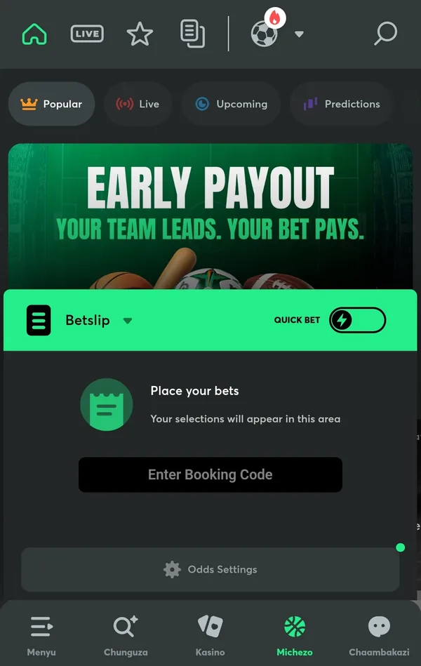 Ukurasa wa michezo kwenye tovuti ya BC.Game kwenye simu, ukionyesha ofa ya Early Payout na kikapu cha beti (Betslip)