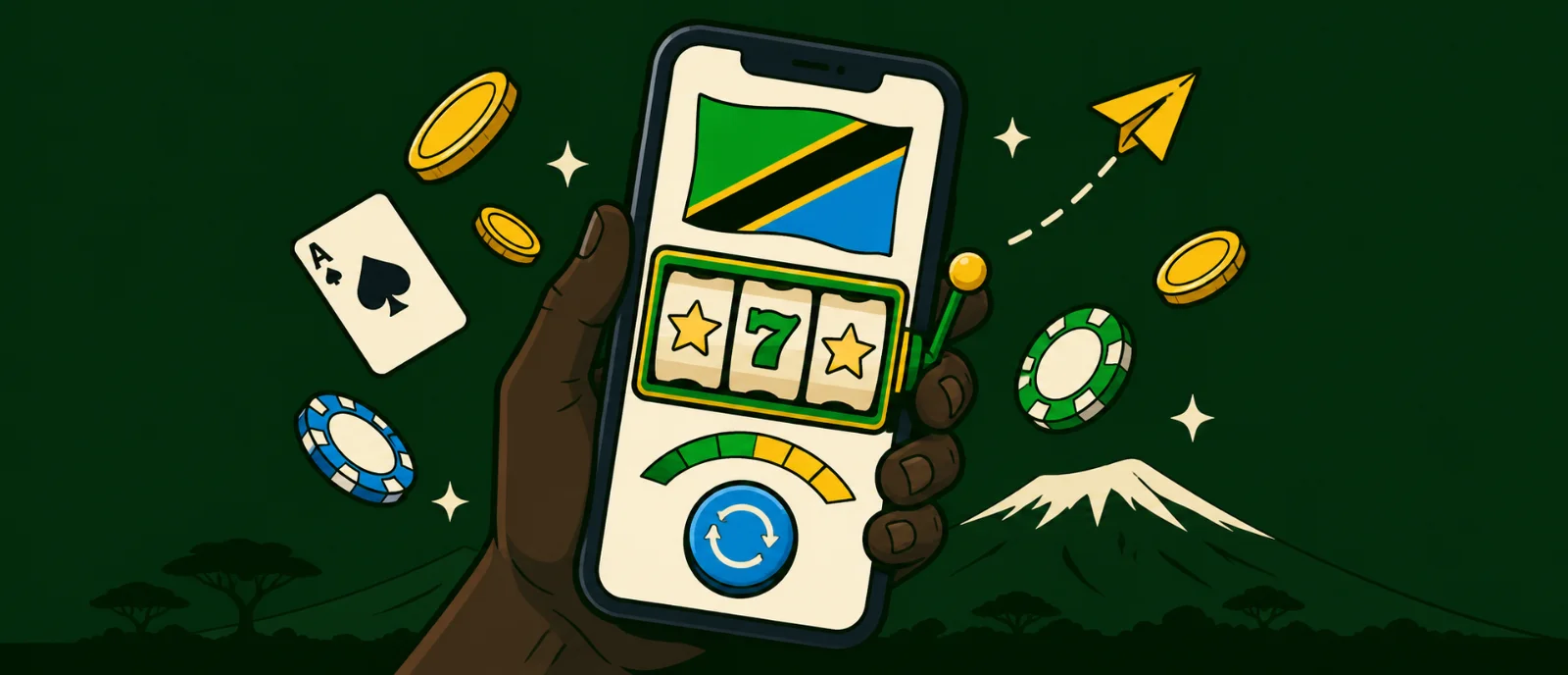 Mkono ukishika simu yenye mchezo wa sloti, chips na sarafu, na Mlima Kilimanjaro nyuma