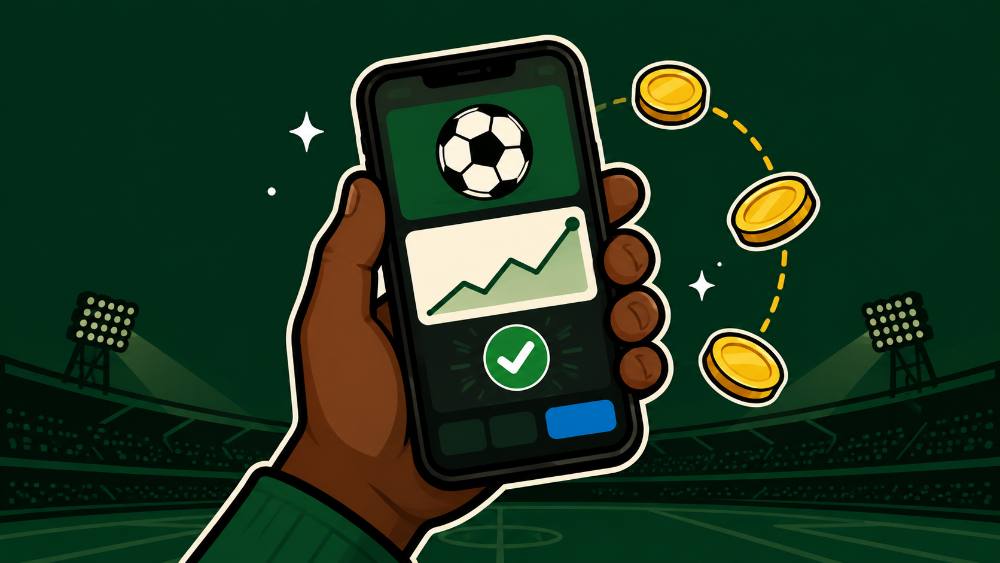 Mkono ukishika simu na app ya kubeti mtandaoni, uwanja wa michezo nyuma