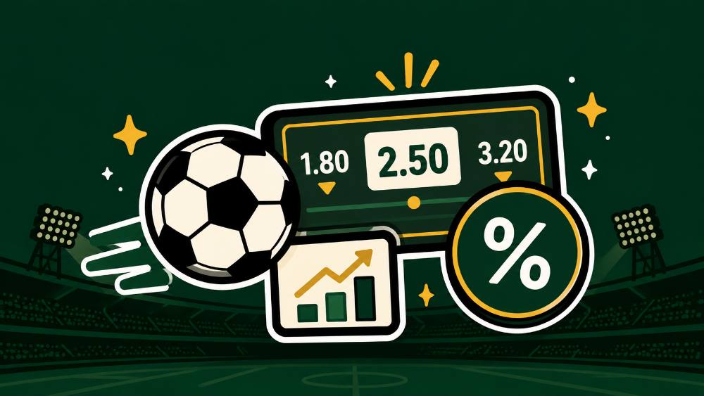 Mpira wa miguu na odds za desimali zikizungukwa na alama za asilimia