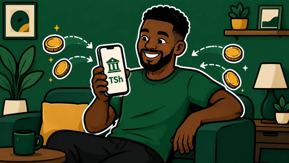 Mtu akiwa sofani akishika simu na sarafu zikitembea kuingia na kutoka