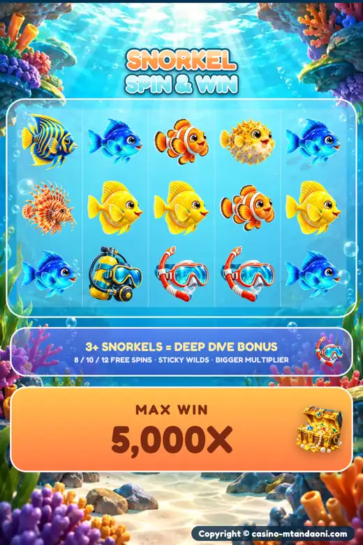 Snorkel Spin & Win: reels 5x3 zenye samaki wa kitropiki kwenye mwamba wa matumbawe